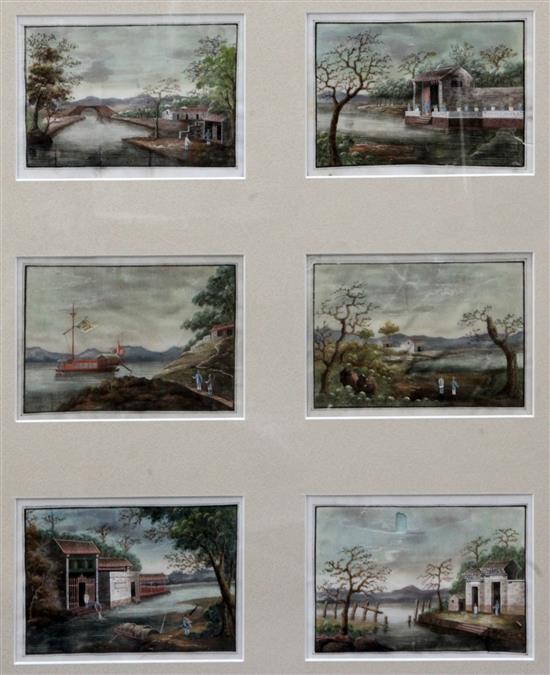 A set of twelve 19th century Chinese gouache on pith paper paintings, 9 x 14cm, framed as two
